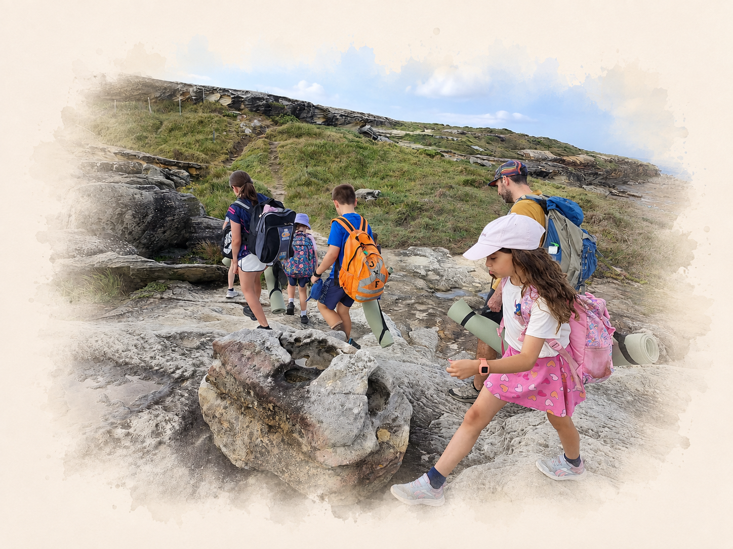 Children walking and scrambling over rocks during a ZenYogis Trail Day