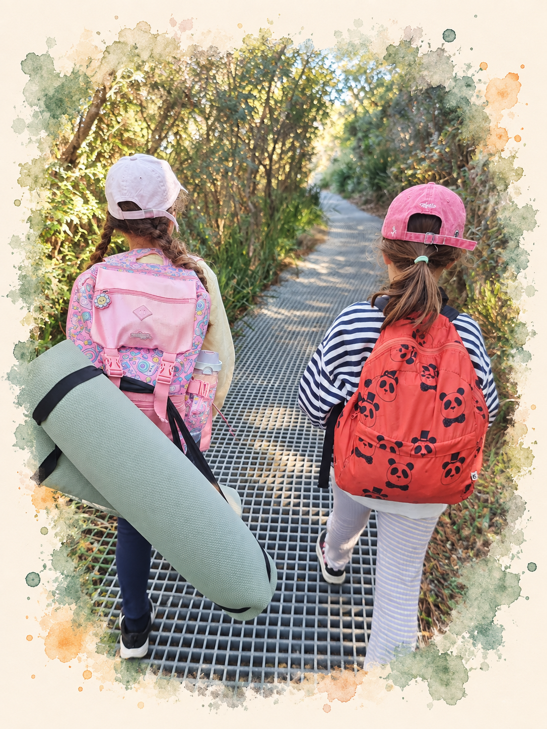 Children carrying backpacks and yoga mats on a ZenYogis Trail Day