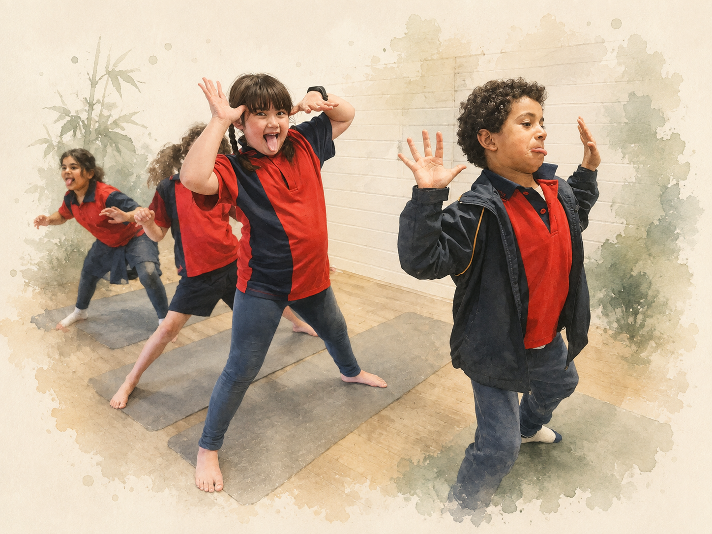 Children practising movement and martial arts-inspired exercises at a ZenYogis Weekly Dojo