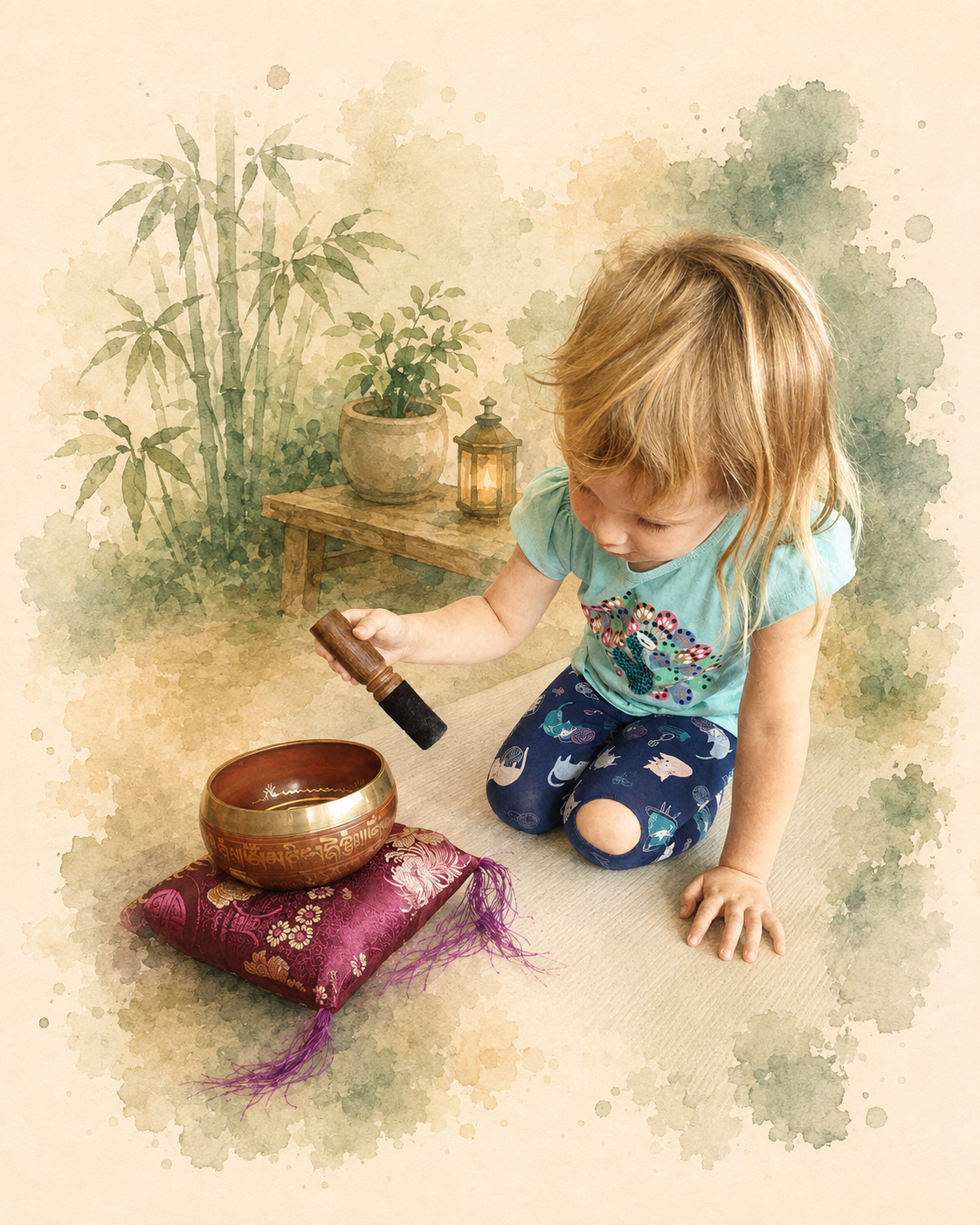 Child exploring sound and quiet observation with a singing bowl at ZenYogis