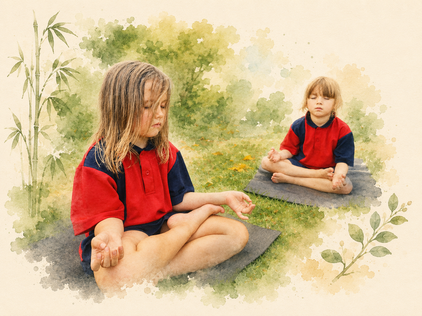 Children practising meditation, breathing and quiet observation