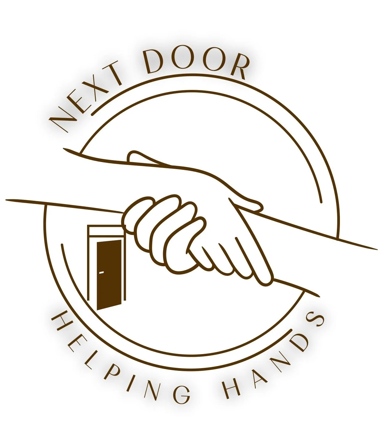 A logo featuring two hands shaking, framed by curved lines and the text 'Next Door Helpers' around the top and bottom edges.