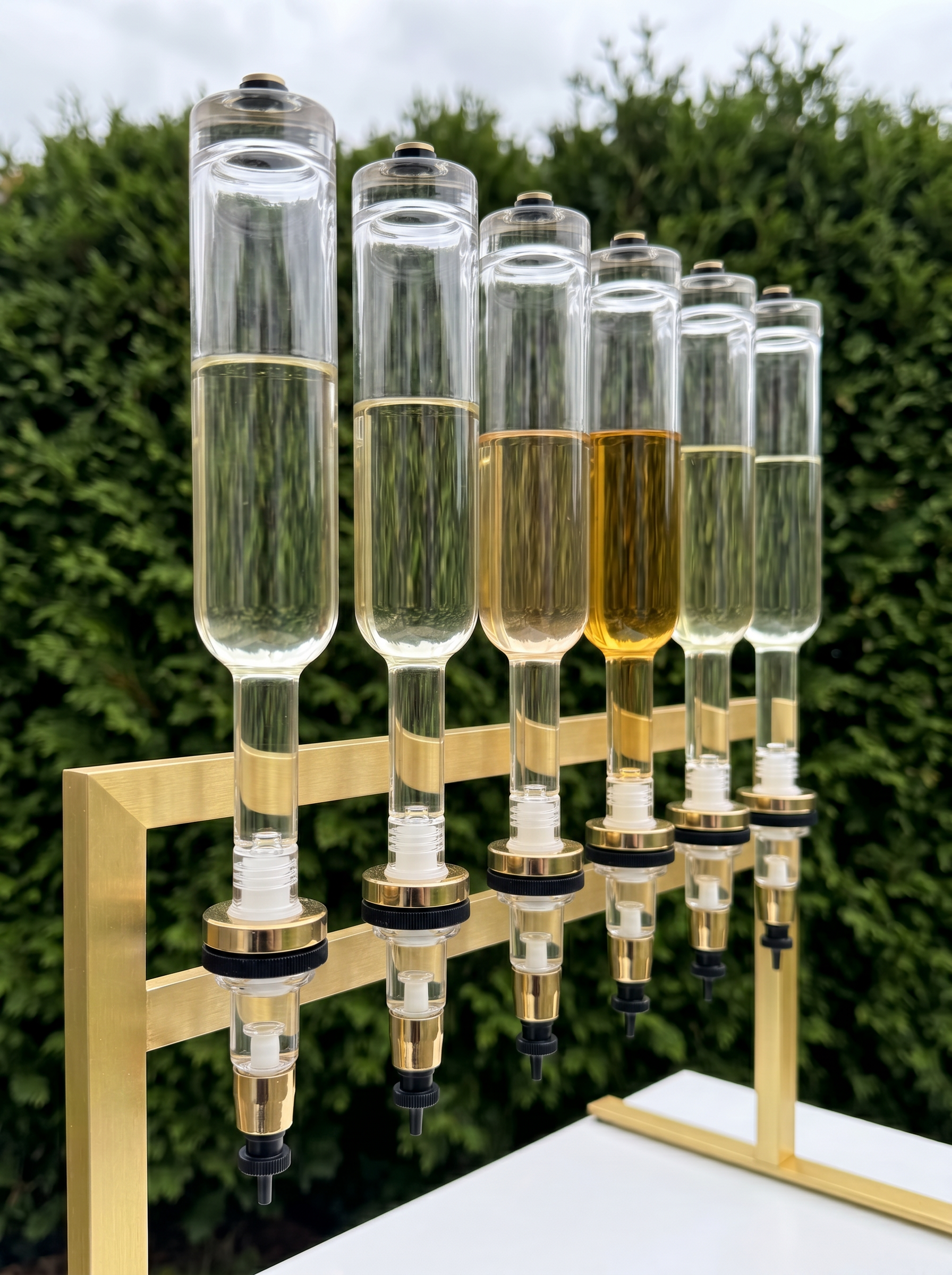 A set of six transparent glass test tubes filled with different levels of clear and yellow liquids, mounted on a wooden rack outdoors with a green hedge and cloudy sky in the background.