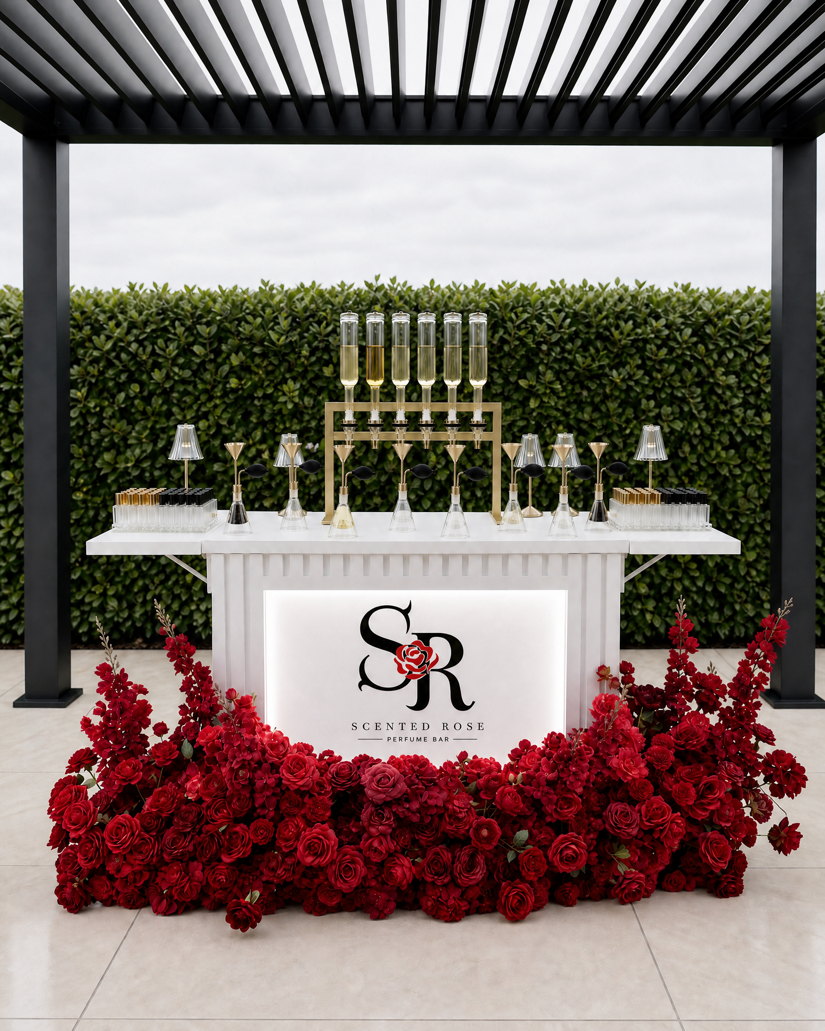 A perfume bar decorated with red roses, green shrubs, and a black and white sign that reads "Scented Rose Perfume Bar".