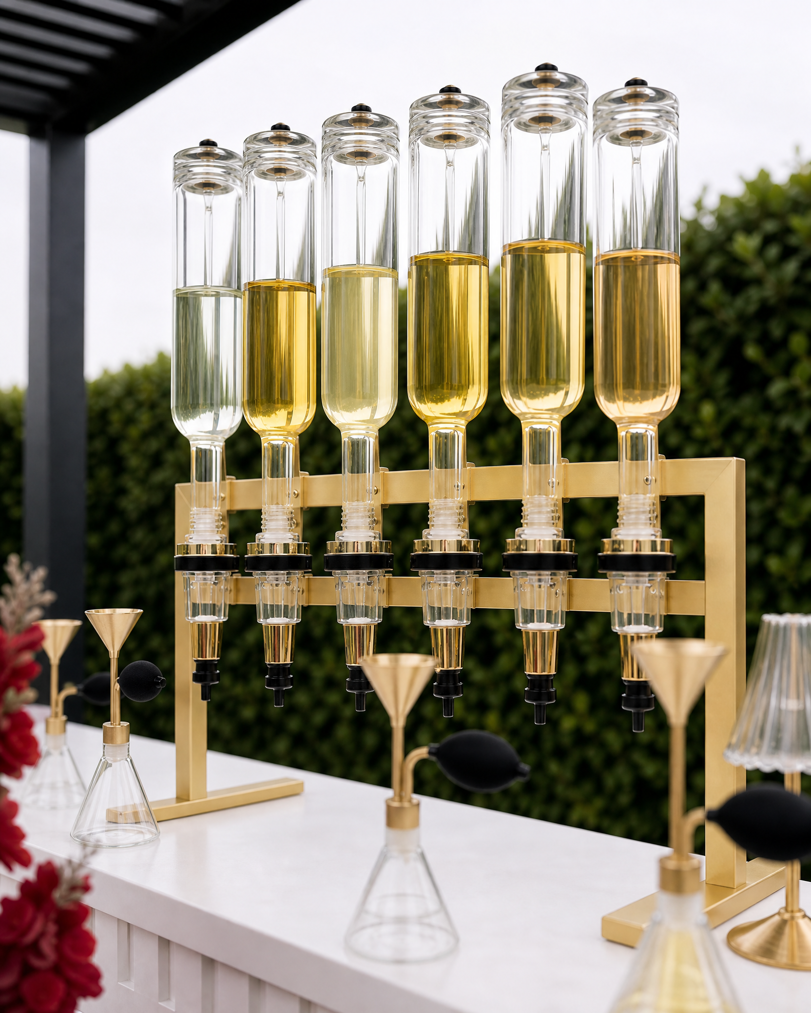 Display of tall, clear glass test tubes partially filled with a yellow liquid on a wooden rack outdoors, with green bushes and a cloudy sky in the background.