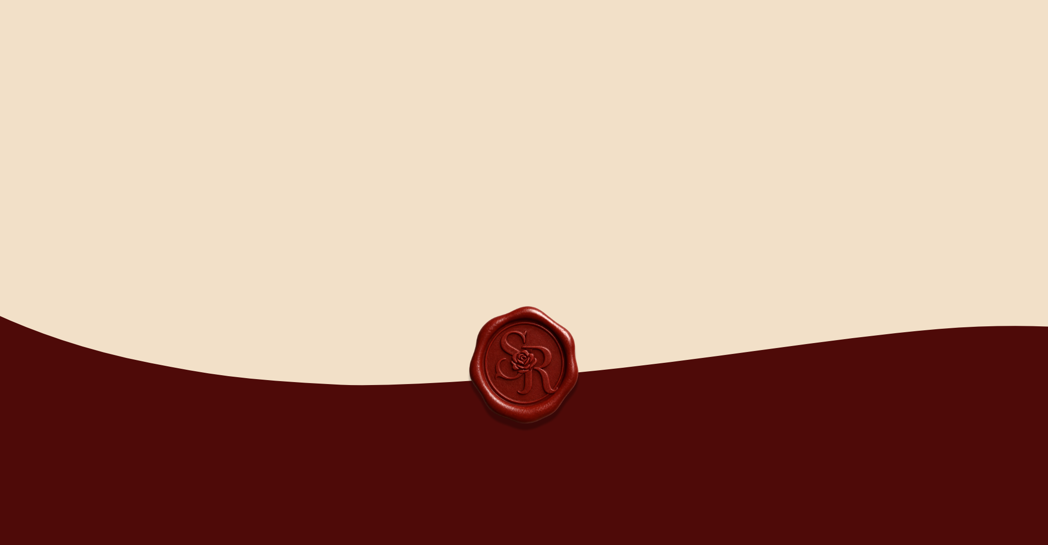 A beige envelope with a maroon bottom border sealed with a red wax seal embossed with a rose and the letters 'R' and 'L'.