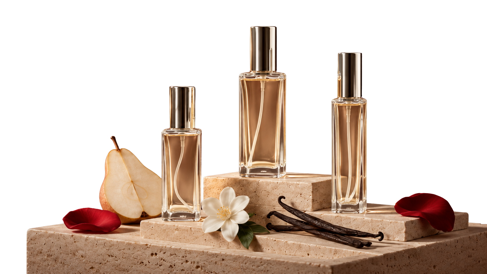 Three glass perfume bottles with beige liquid, arranged on a beige textured pedestal, decorated with a sliced pear, red rose petals, white flower, and vanilla pods, against a dark background with geometric shapes.