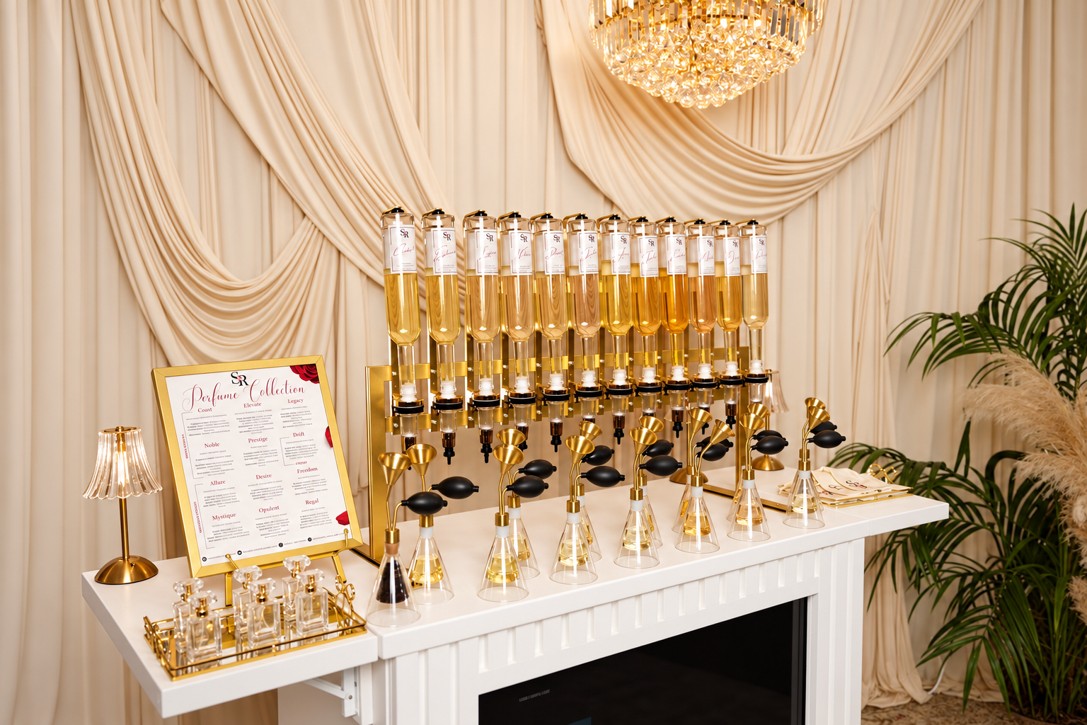 Luxury perfume sampling display with gold fragrance bottles, scent menu, crystal chandelier, and elegant draped backdrop