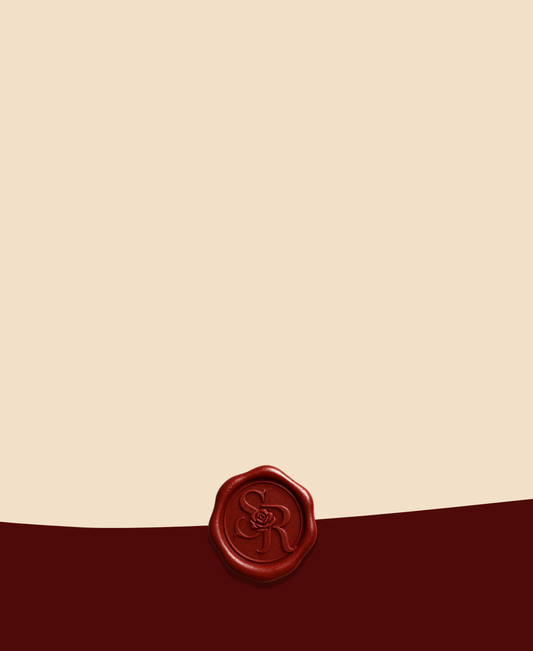 A beige and dark red background with a red wax seal bearing the initials 'S' and 'R' and a rose in the center.
