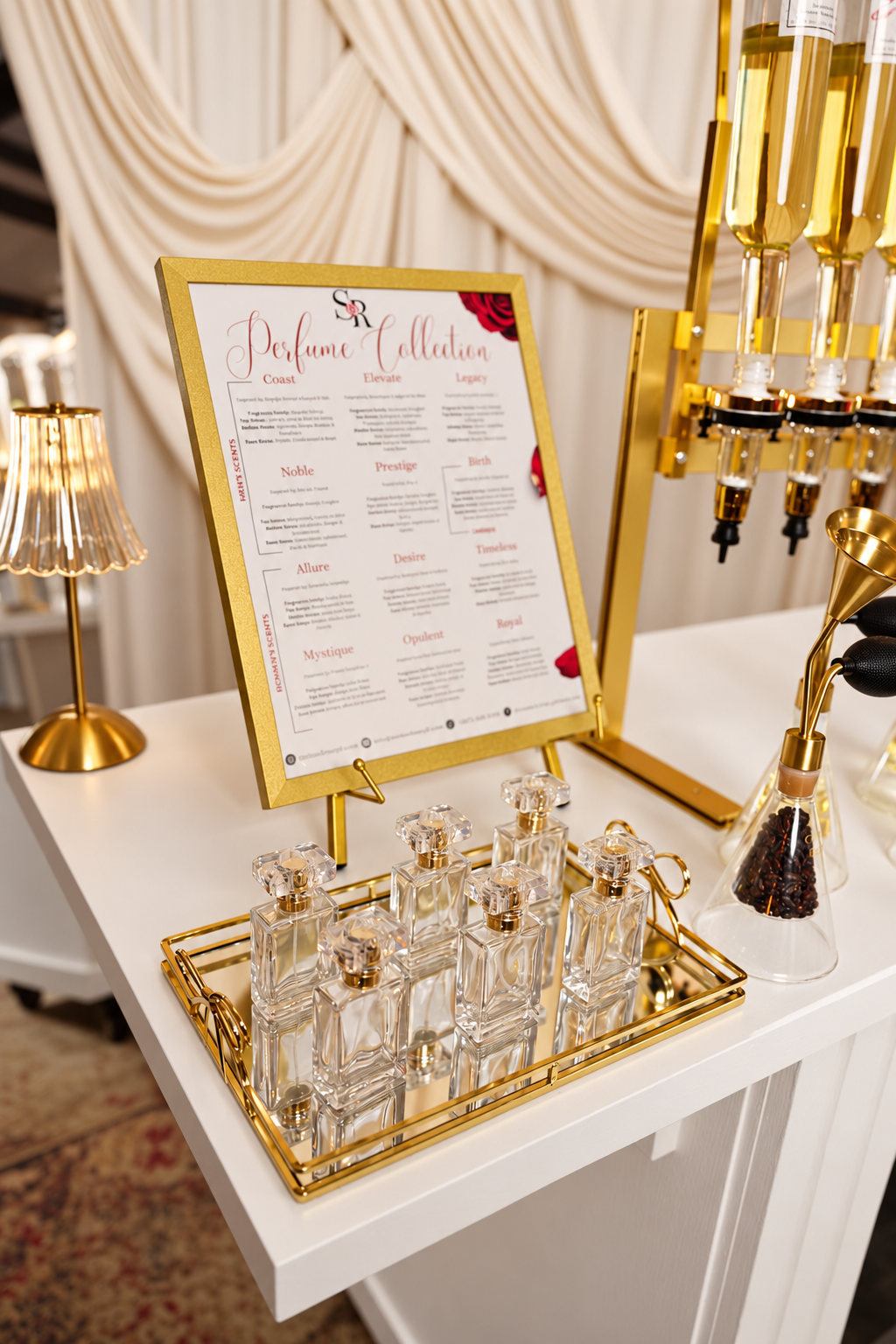 Luxury perfume display with glass fragrance bottles, gold tray, scent menu, and perfume decanter.