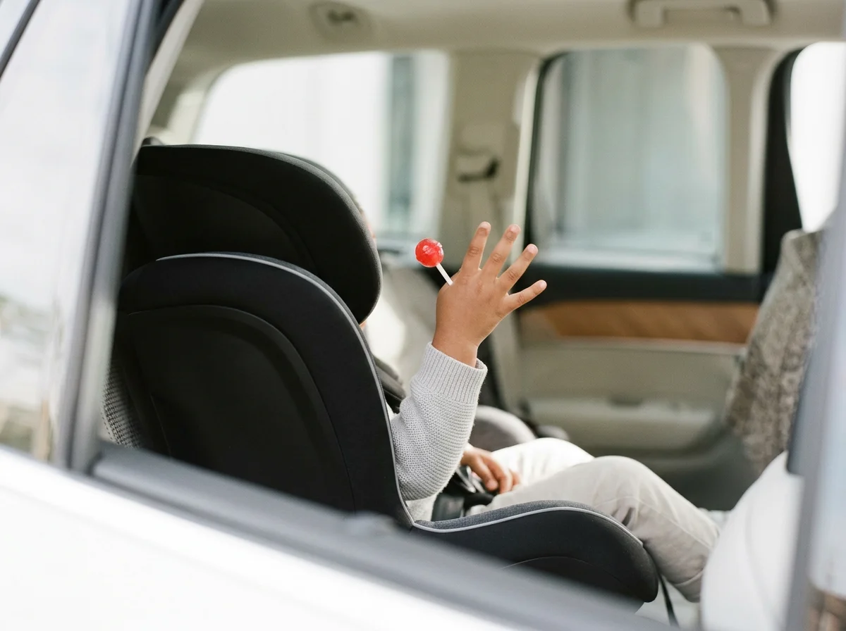 Child sitting in a car seat inside a vehicle, holding a red lollipop