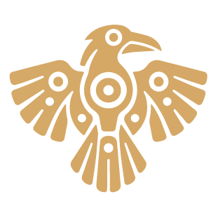 Stylized bird with outstretched wings and intricate circular patterns in a beige color.