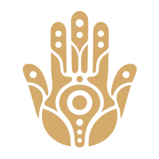 A stylized, gold-colored hand with geometric patterns and circular designs.