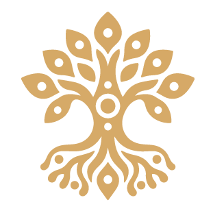 Stylized tree with symmetrical branches and roots, featuring eye-shaped leaves in gold on a black background.