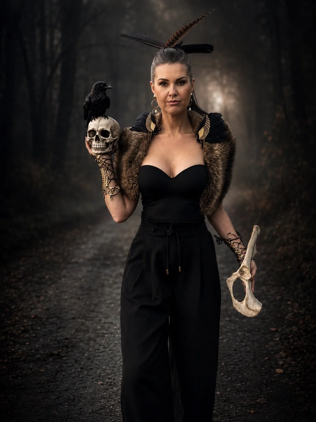 A woman with long dark hair tied back, dressed in a black top and black pants, standing on a dark forest path at dusk. She wears a fur cape with black feathers and gold accents, holding a skull with a black raven perched on top in her right hand, and a bone in her left hand. She has feathers in her hair and large earrings, with a serious expression on her face.