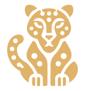 A stylized leopard illustration with a gold and black color scheme.