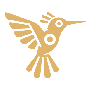 A stylized, golden silhouette of a hummingbird with wings spread and a long beak.