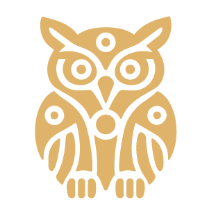 Stylized owl illustration in gold and black