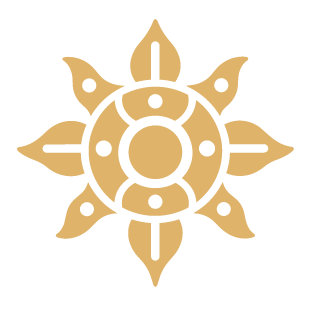 A stylized, symmetrical sun design with a central circular element, surrounded by petal-like shapes adorned with small dots, in a beige or gold color on a black background.