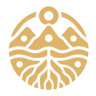 Stylized circular emblem featuring mountain peaks, a river, and tree-like patterns in black and tan colors.