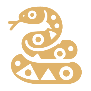 Illustration of a coiled snake with geometric patterns and shapes in black on a beige background.