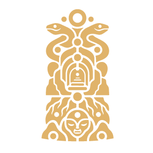 A symmetrical geometric design featuring a central woman face with floral and animal motifs above and below, resembling a decorative or symbolic pattern in gold on a white background.
