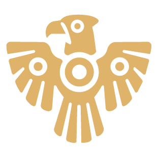 A stylized, symmetrical eagle design with outstretched wings and a circular element at the center.
