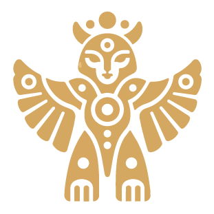 A stylized artwork of a mythical creature combining a lion, owl, and bird elements, with intricate patterns and a symmetrical design.