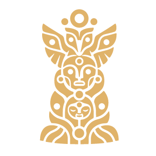 A stylized, symmetrical design resembling an eagle, lion, and other animals, rendered in gold on a black background, with intricate patterns.