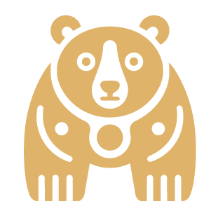 Simplified gold line drawing of a bear's face and front legs with minimal detail.