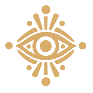 Abstract gold geometric design featuring an eye shape at the center with surrounding decorative elements.