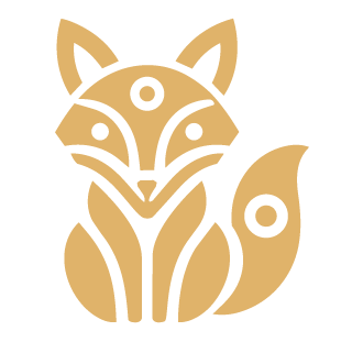 Stylized golden fox illustration against a black background.