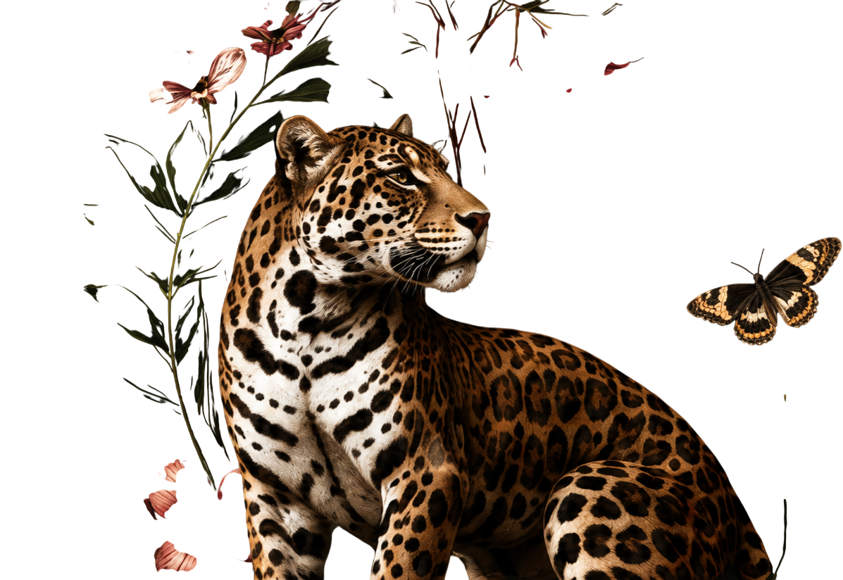 A leopard sitting next to pink flowers and green leaves, with a butterfly flying nearby, against a multicolored background.