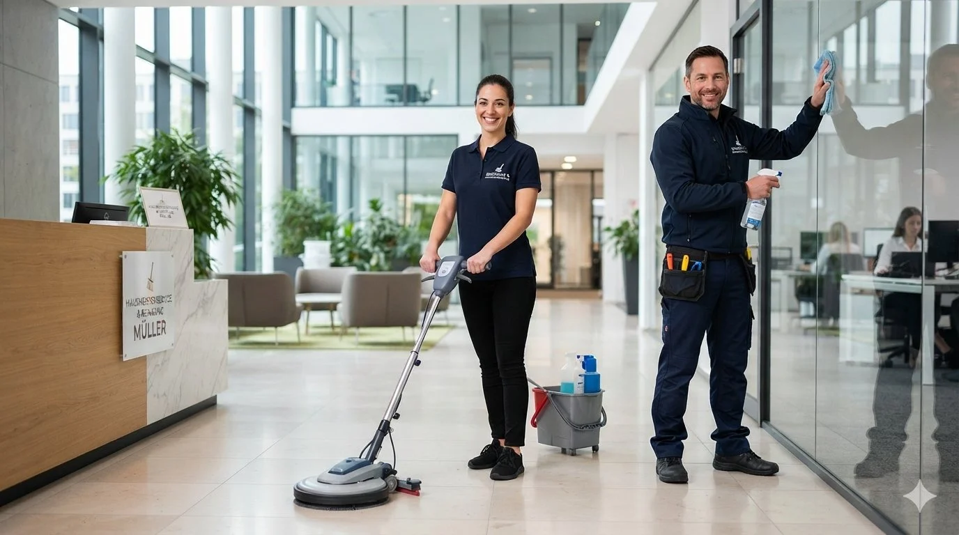 Zwei Reinigungskräfte im Bürogebäude, eine Frau mit einem Bodenwischer und eine Mann mit einem Spray und einem Tuch, reinigen die Glaswände des Raums.