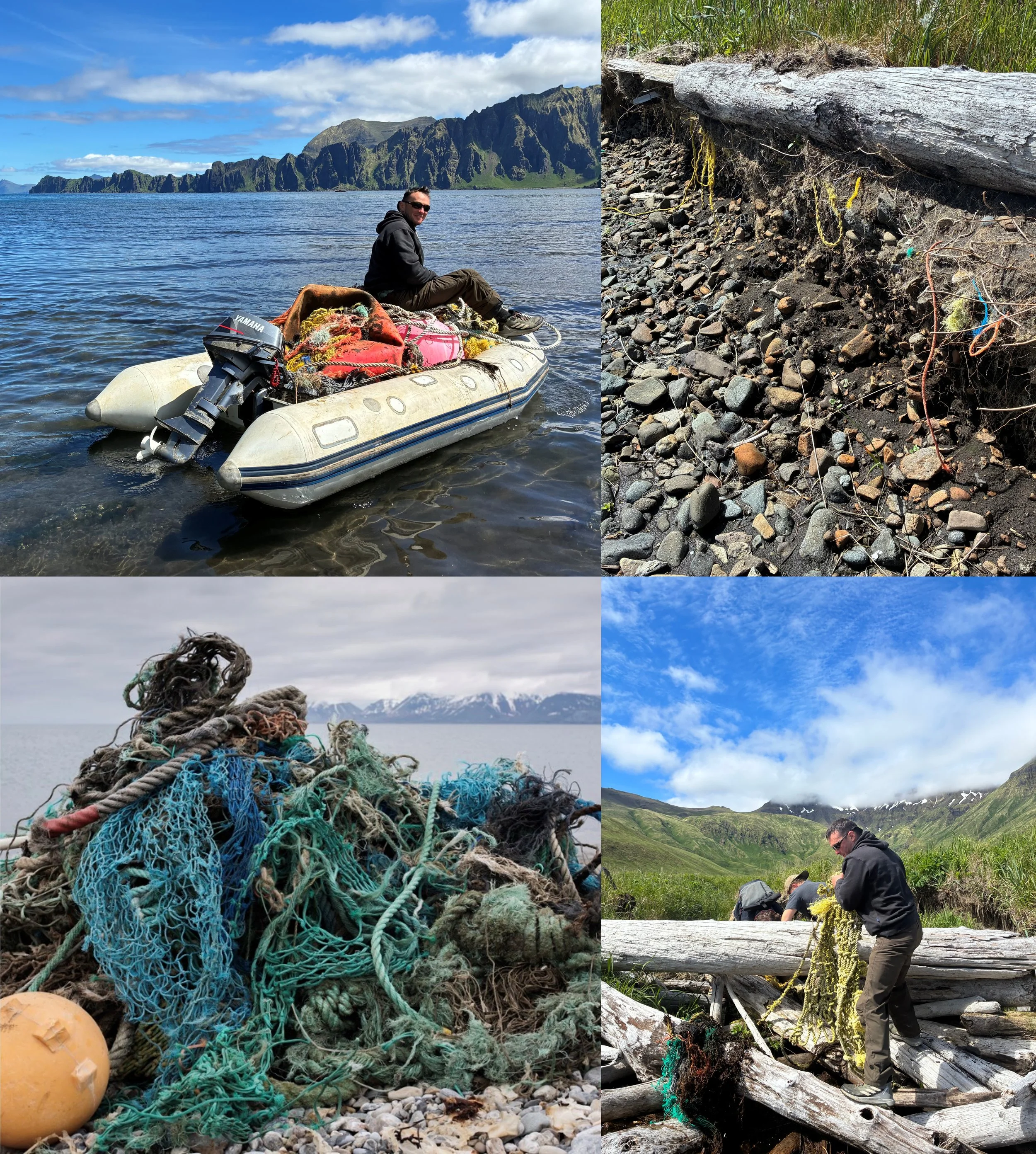 A person in a black jacket and sunglasses sitting on an inflatable boat with a Yamaha engine, surrounded by ropes and debris near a mountain lake with lush mountains and a partly cloudy sky. Extra images show close-ups of fishing nets and hauling logs in a natural landscape.