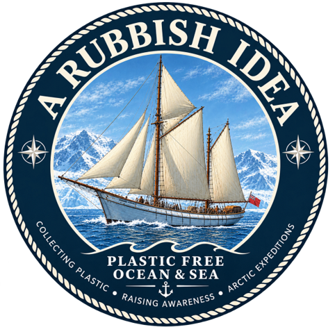 A circular emblem featuring a sailing ship on the ocean with icebergs in the background, with text promoting plastic-free ocean and sea protections and Arctic expeditions.