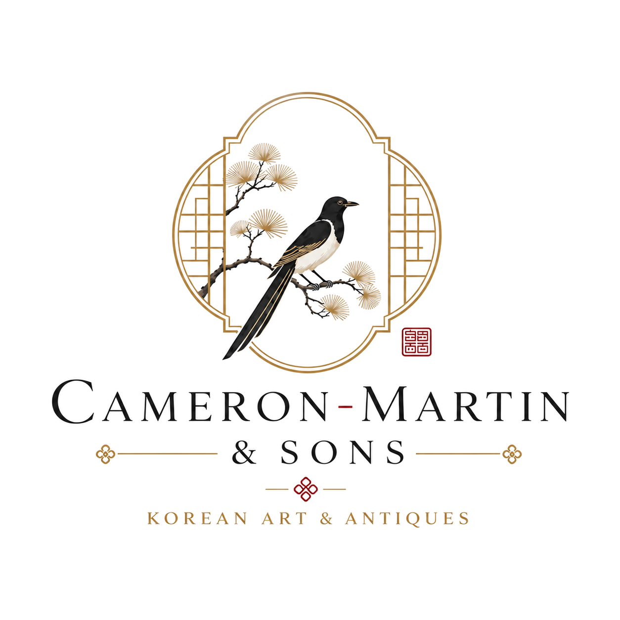 Logo for Cameron-Martin & Sons featuring a black and white bird perched on a branch with a decorative gold frame and traditional Korean design elements, with text indicating their specialty in Korean art and antiques.