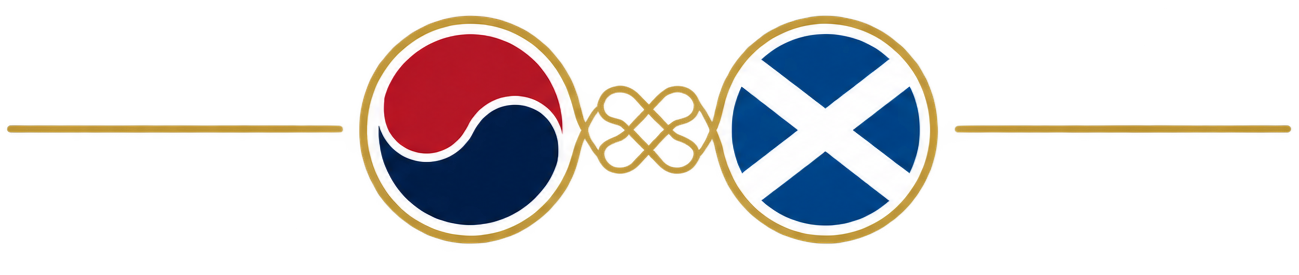 South Korea and Scotland flags connected with a decorative gold emblem and horizontal lines.