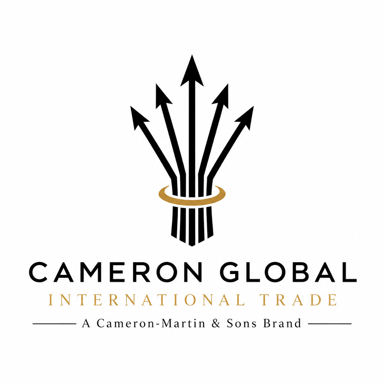 Logo for Cameron Global with stylized black arrows arranged like a bouquet of arrows and a gold ring around the arrows. Text below reads "CAMERON GLOBAL" and "SHIPPING EXPERTS" with a tagline "A Cameron-Martin & Sons Brand."