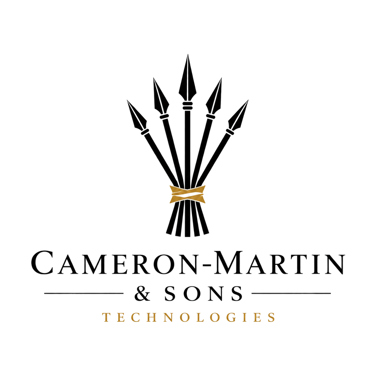 Logo featuring a bundle of five black spears tied with a gold ribbon above the text 'Cameron-Martin & Sons Technologies' with 'Technologies' in gold below.