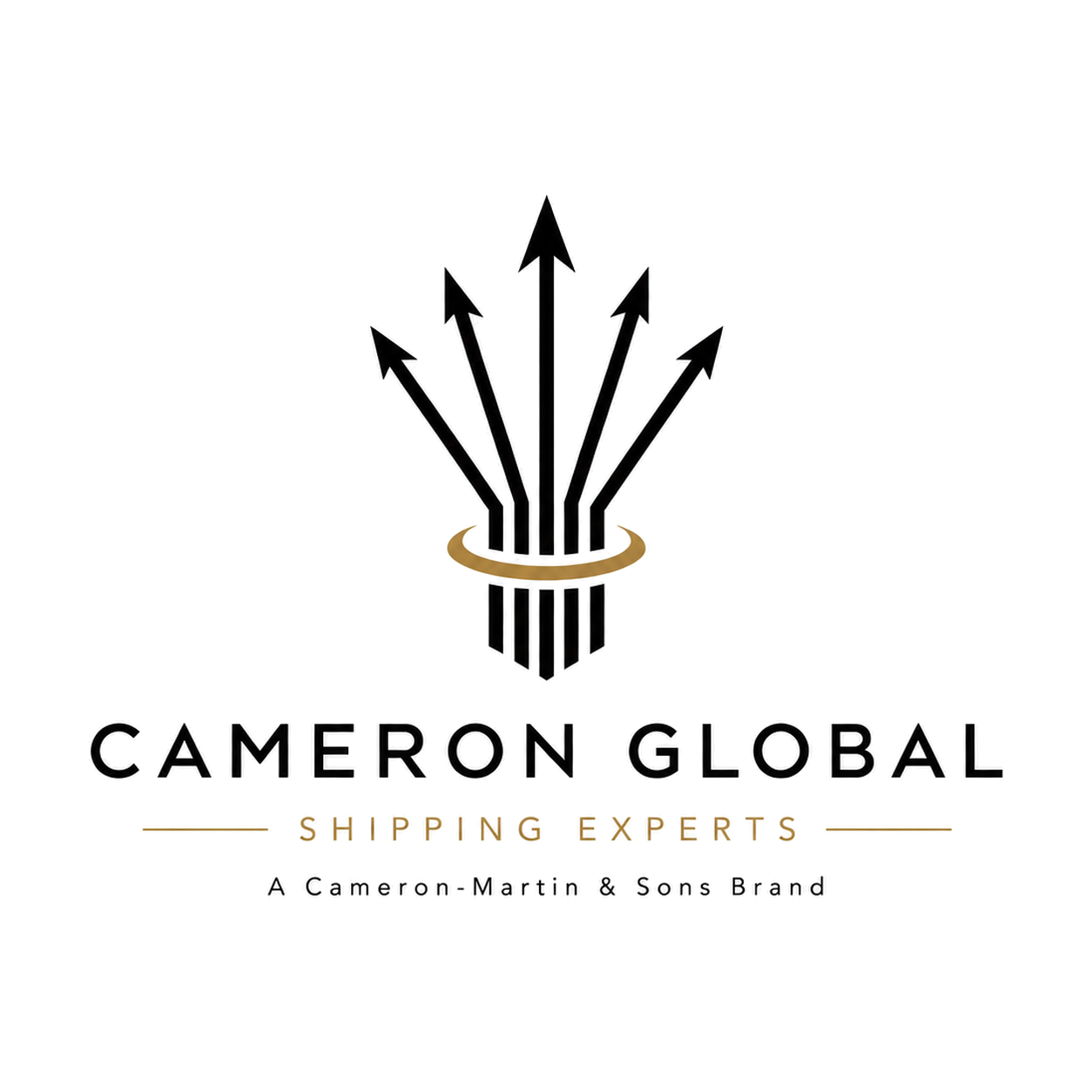 Logo for Cameron Global with stylized black arrows arranged like a bouquet of arrows and a gold ring around the arrows. Text below reads "CAMERON GLOBAL" and "SHIPPING EXPERTS" with a tagline "A Cameron-Martin & Sons Brand."