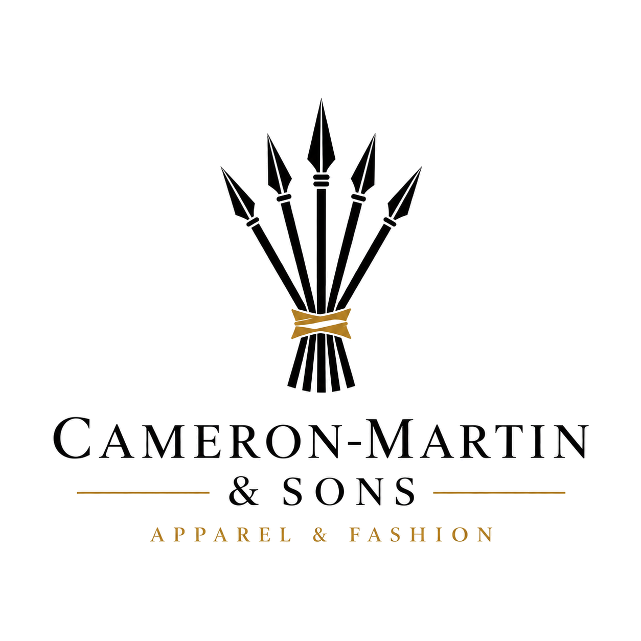 Logo for Cameron-Martin & Sons, featuring a bundle of six swords tied with a gold ribbon, with text indicating it's an apparel and fashion brand.