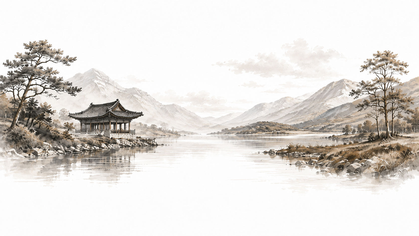 A traditional Asian-style pavilion by a calm river, surrounded by trees and mountains in the background, in a monochrome watercolor style.