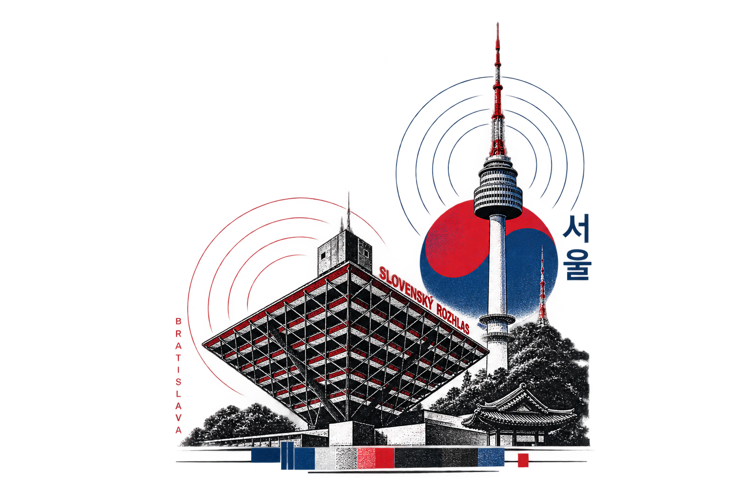 Illustration of Bratislava, Slovakia, featuring the UFO-shaped UFO Observation Tower, Slovakia Radio and Television Tower, and a stylized flag with red, blue, and white elements, architectural structures, trees, and the words "Slovenský Rozhlas".