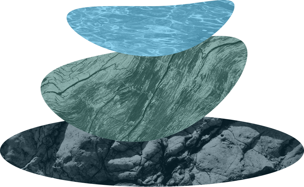 Image of three types of rocks stacked vertically, from top to bottom: a blue water surface, green marble, and gray cracked stone.