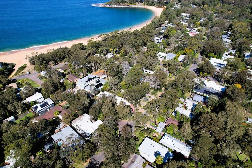 Aerial view of a coastal residential neighborhood with houses surrounded by trees, near a sandy beach and ocean.