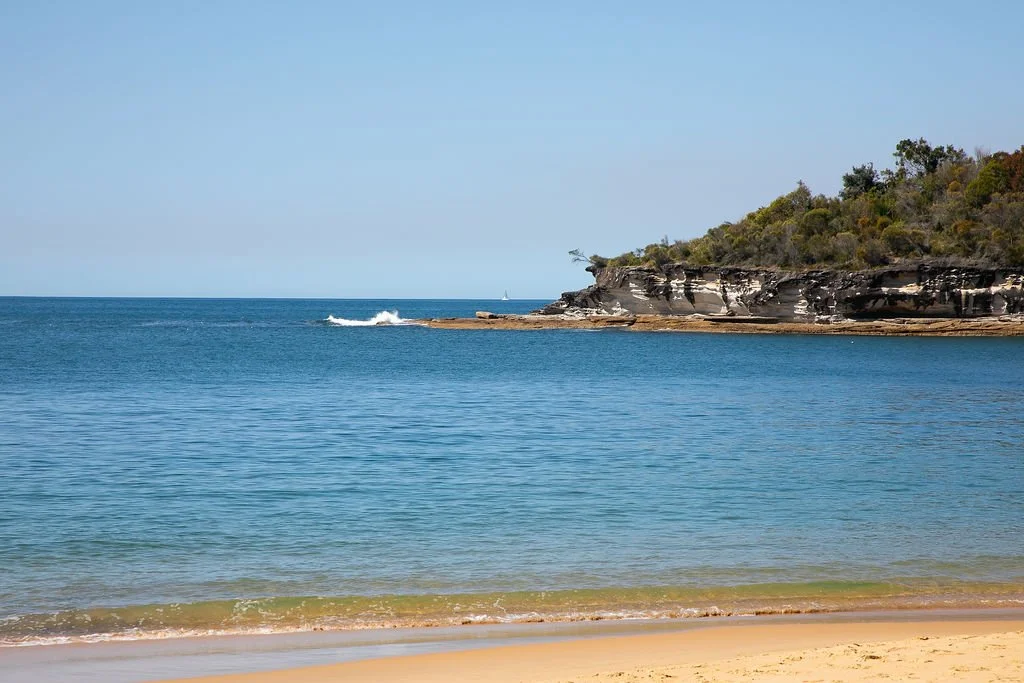 Yaraana Pearl beach holiday Luxury house A coastal scene showing a sandy beach in the foreground, calm ocean water, a rocky and green hillside on the right, and a clear blue sky.