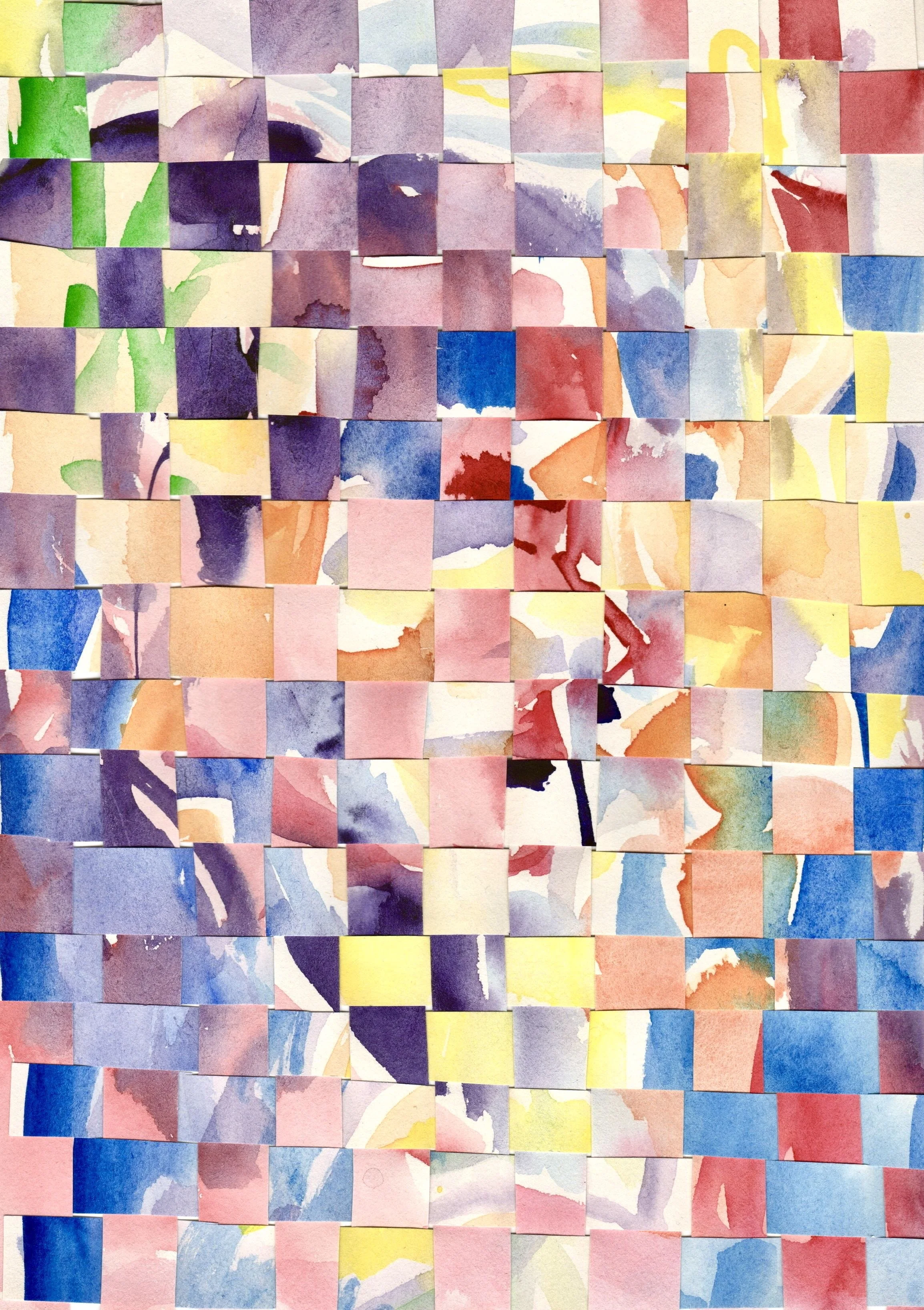 Colorful abstract collage of overlapping rectangular watercolor paintings in pastel shades