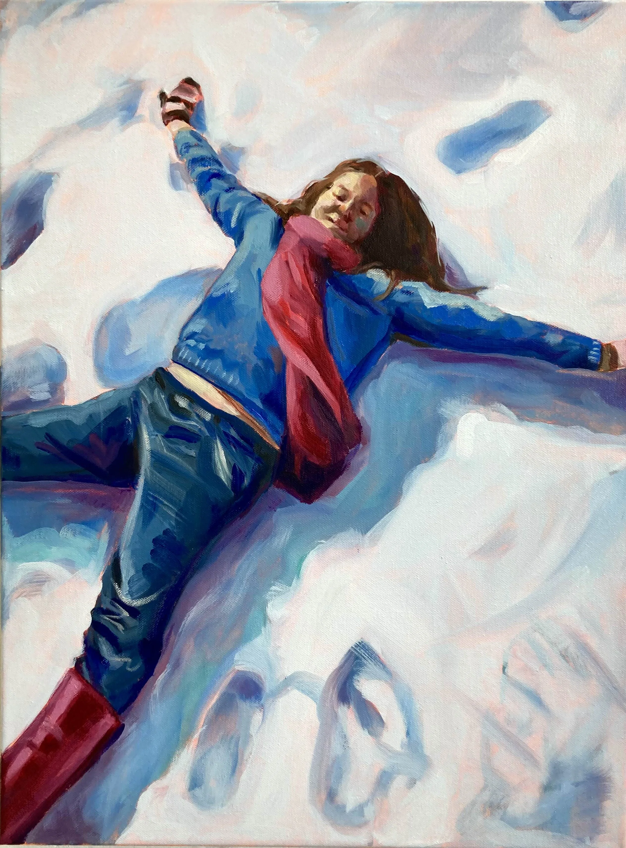 Colourful painting of a smiling child making snow angels in the snow.