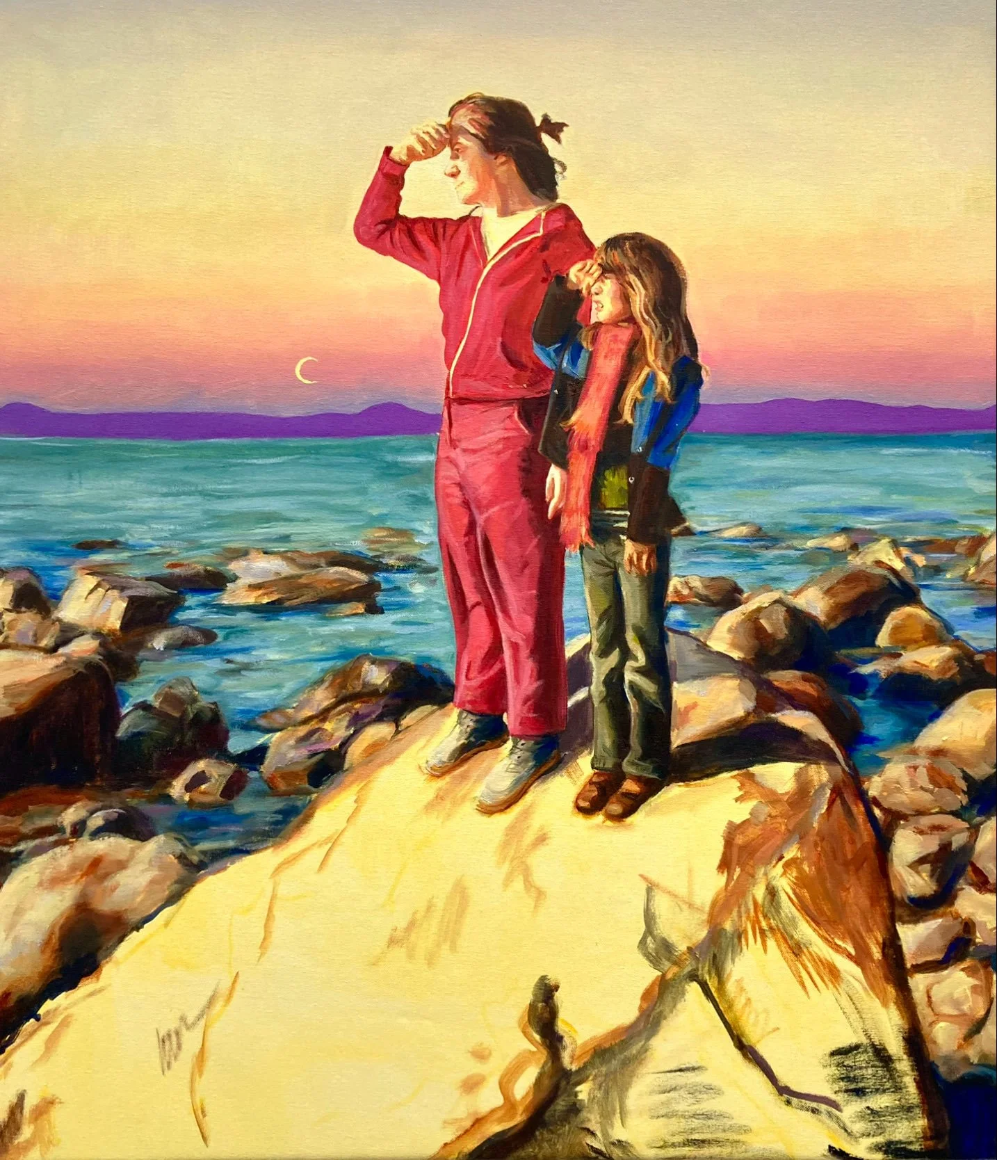 Painting of an adult and child standing on rocky shore at sunset, looking toward the ocean